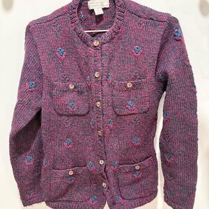 Purple Knit Heart-Accent Cardigan Sweater
